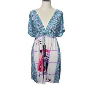 Paradise V Neck Feather Mini Blue Pink Dress L